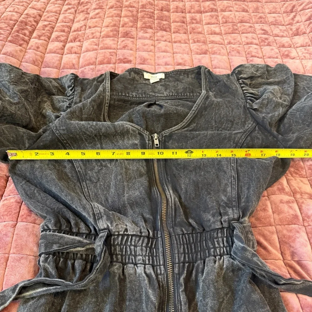 Anthropologie Othilia Acid Wash Puff Sleeve Utility Jumpsuit Charcoal Gray M - Picture 14 of 16